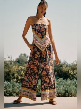 Anthropologie Scarf Print Wide Leg Strapless Jumpsuit Boho